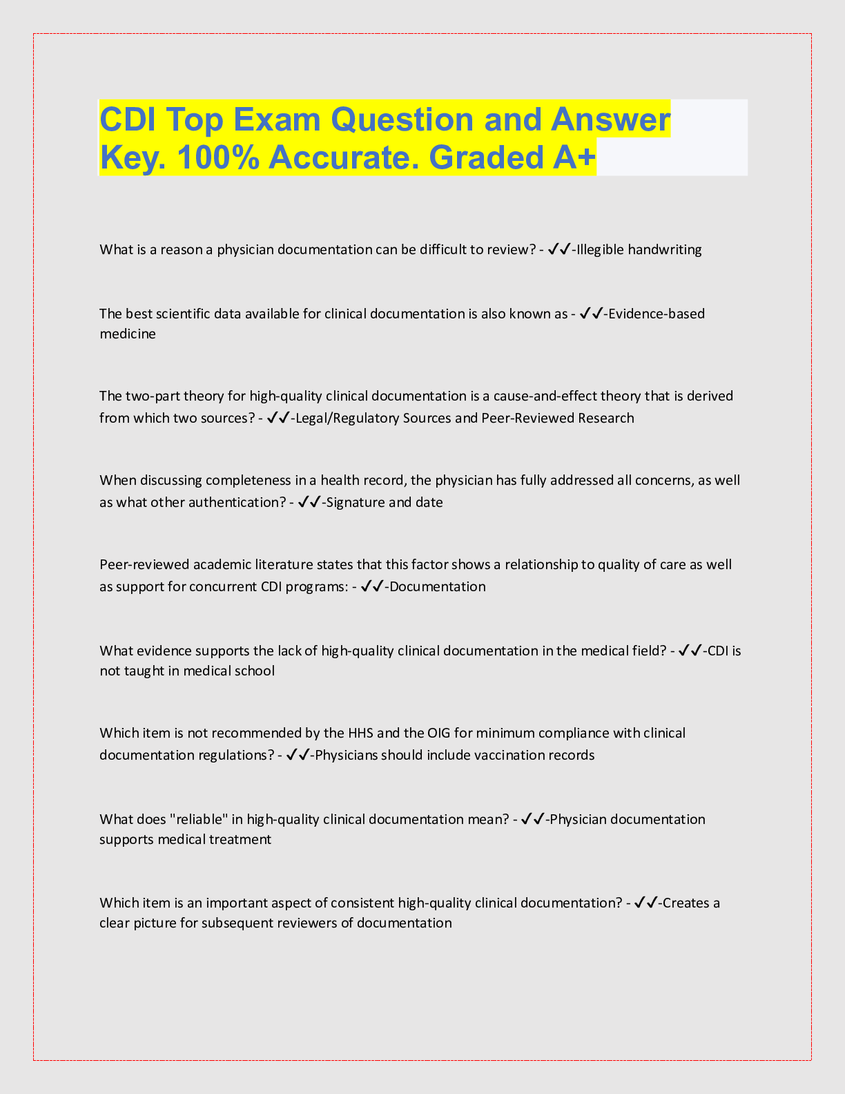 Preview of CDI Top Exam Question and Answer  Key. 100% Accurate. Graded A+